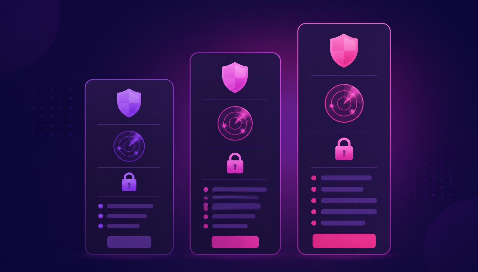 Ilustração de três pacotes de serviço com ícones de escudo, radar e cadeado
