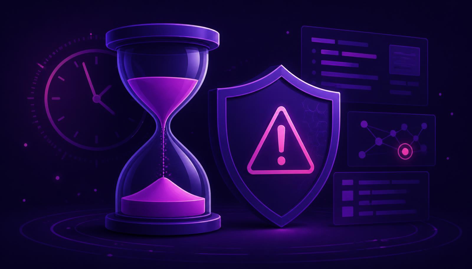 Ilustração de ampulheta e escudo com alerta representando exploração rápida de vulnerabilidades